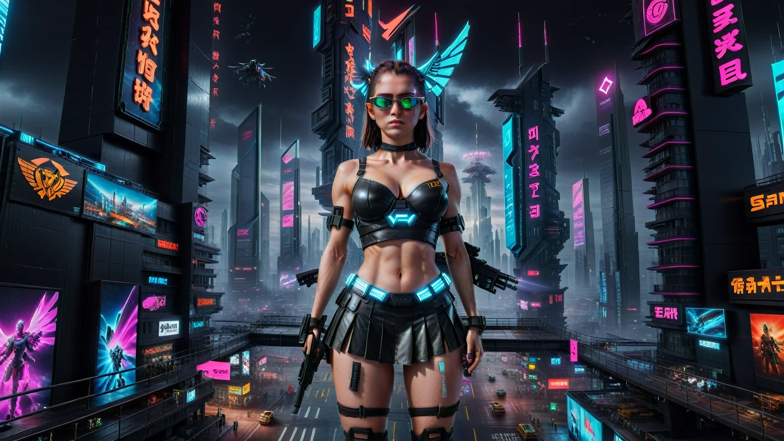 (((aerial view))) image of a cyberpunk cityscape, (((all-glass))) towering skyscrapers, a lot of neon lights and holographic billboards, futuristic, high-tech elements, 1drone. In the foreground, a woman, mechanical joints. at night, (((1girl, solo, alone))), photo realistic, (medium-breast slim body, cleavage), (((tank top, extreamly short pleated (((miniskirt))) exposing panty))), (((((black sunglasses))))), (((((aiming at camera with a (short gun), (looking at camera)))))), (((dynamic pose))), (((((half-body (thigh level) medium shot))))), (cinematic lighting), blurry background.