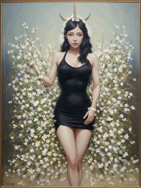 (oil painting:1.5),
\\
a woman with long black hair and white flowers in her hair is laying down in a field of white flowers, (amy sol:0.248), (stanley artgerm lau:0.106), (a detailed painting:0.353), (gothic art:0.106) golden abstract expressionism and the museum of art The painting is supposed to capture Star Butterfly in an iconic moment that represents her adventurous spirit, your magical strength and your vibrant personality. The setting should be an environment that reflects the mix of magical realms and interdimensional adventures, characteristic of the series. Star Butterfly: Star must be in the center of the composition, in a dynamic and confident pose. She is dressed in her classic costume: a mint green dress, leggings coloridas, and her iconic unicorn boots. His devil horns on his head and his magic wand in one hand are essential to identify the character.. Expression and posture: Star&#39;s expression must be cheerful and determined, with a big smile on your face and eyes shining with enthusiasm. Your stance can be one of action, as if preparing to cast a spell or leading an adventure. Magic wand: Star&#39;s magic wand must be represented in detail, with its iconic butterfly wings and star design. She must emit a glowing aura of magic, with sparks and waves of energy all around, suggesting it is ready to use. scenario: The setting should be a fusion between the magical kingdom of Mewni and the earthly environment of Echo Creek. This can include elements like floating castles, dimensional portals, and fantastic landscapes combined with everyday elements, such as lampposts and school buildings. magic elements: Include magical creatures, like flying ponies, friendly monsters and exotic plants that bloom in bright colors, to bring Star&#39;s magical world to life. frame Diaz: Star&#39;s best friend, frame, can be included in the scene, maybe in the background or next to it, wearing his traditional red coat.
