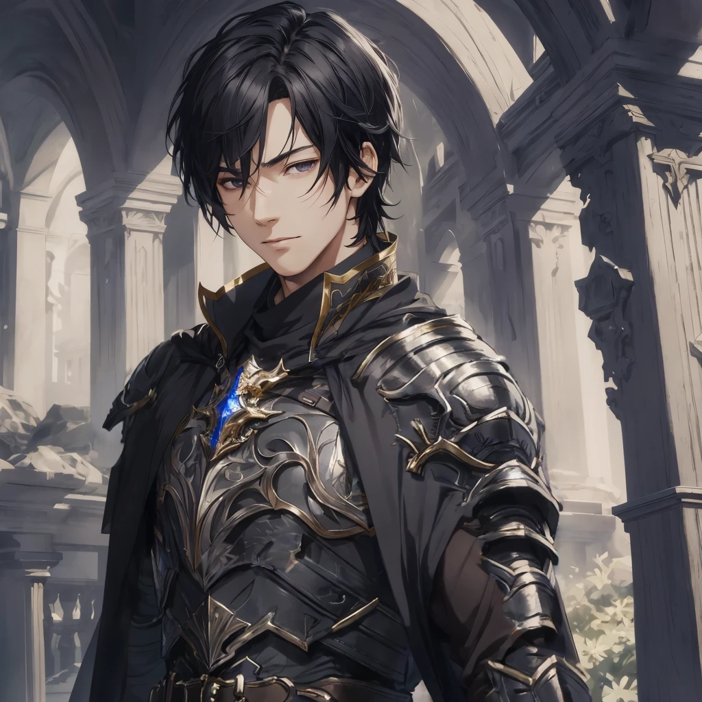 masterpiece, best quality, 1man, adult, male focus, solo, medium hair, black hair,, looking at viewer, cape, High quality metal texture, overcoat, closed mouth, upper body, bangs, high collar,(kbxll:0.6), Fantasy aesthetics, Highly detailed, shadowverse style, armored gloves, metallic gloves, black armor