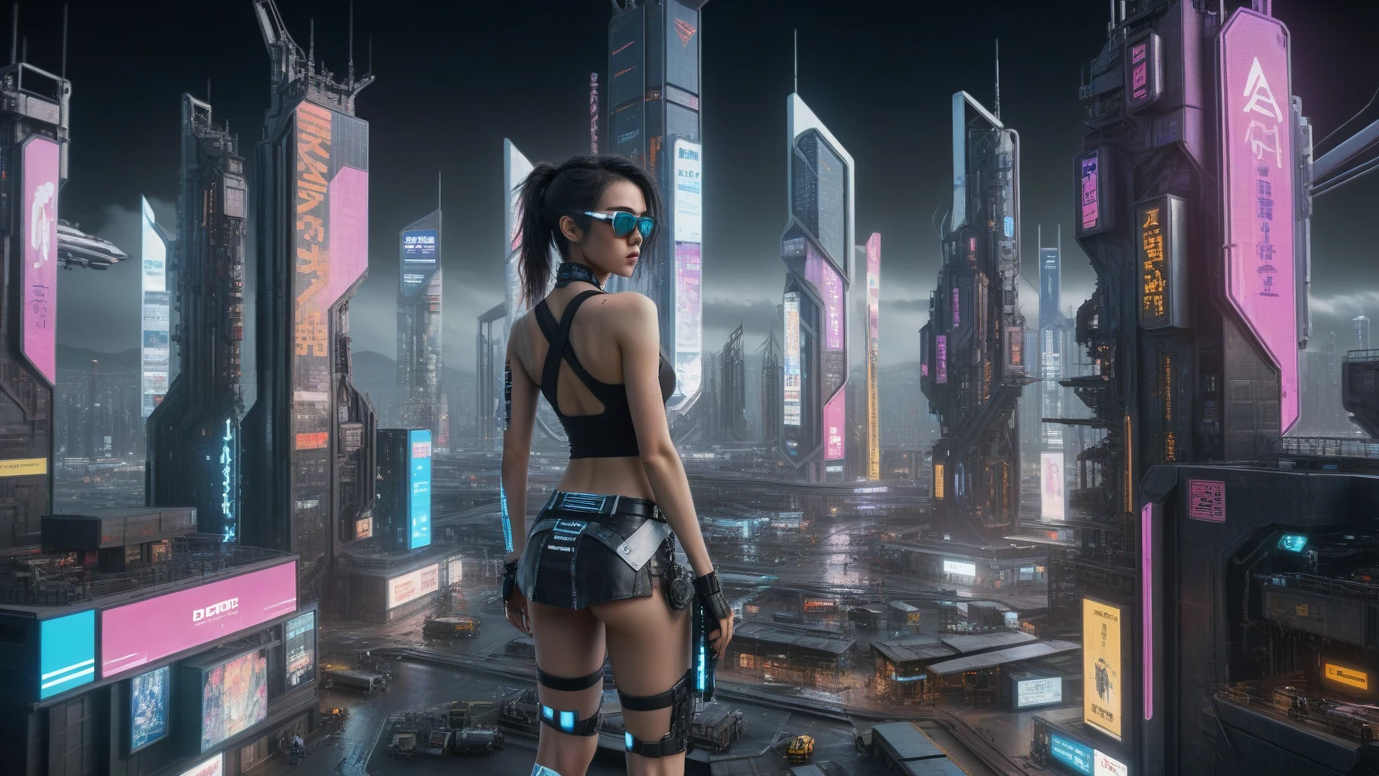 (((aerial view))) image of a cyberpunk cityscape, (((all-glass))) towering skyscrapers, a lot of neon lights and holographic billboards, futuristic, high-tech elements, 1drone. In the foreground, a woman, mechanical joints. at night, (((1girl, solo, alone))), photo realistic, (medium-breast slim body, cleavage), (((tank top, extreamly short pleated (((miniskirt))) exposing panty))), (((((black sunglasses))))), (((((aiming at camera with a (short gun), (looking at camera)))))), (((dynamic pose))), (((((half-body (thigh level) medium shot))))), (cinematic lighting), blurry background.