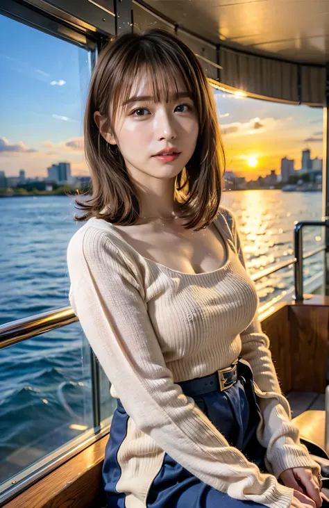 the sky turns red、woman standing on a boat、light brown hair、elegant hairstyle、blue eyed woman、a woman with a cute upward gaze、wh...