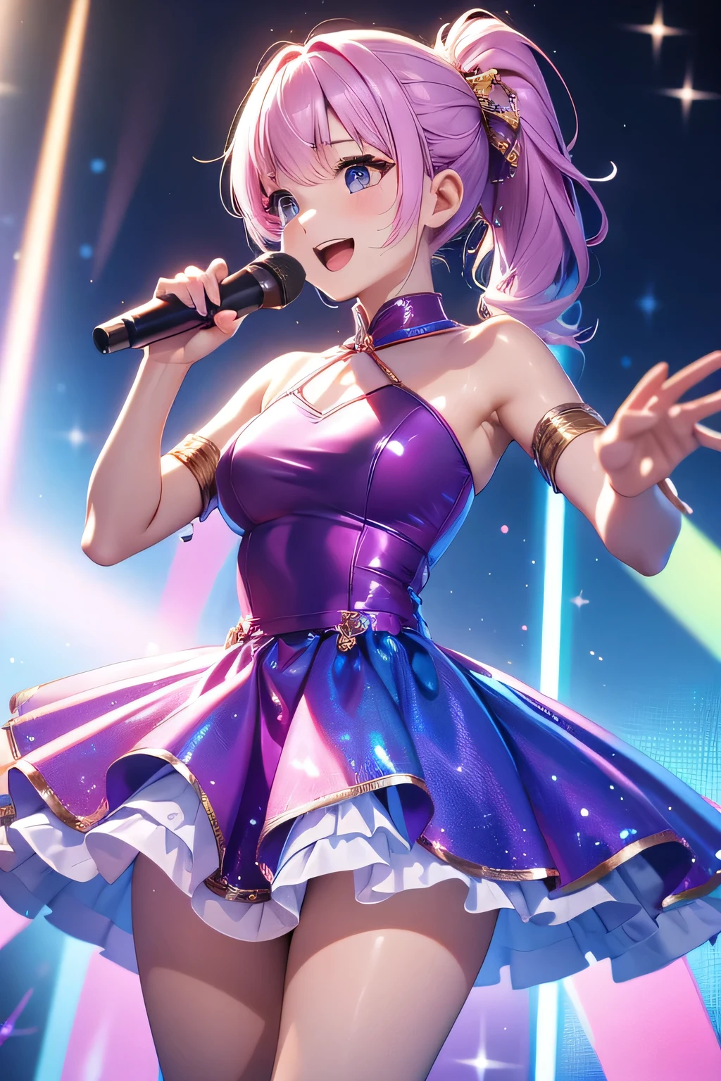 Highest quality、High resolution、Detailed Background、(Beautiful face in every detail:1.4)、Anatomically correct、(Detailed facial expressions)、Teenage beauty、(Highly detailed face:1.4)、Brightly colored hair、ponytail、well-groomed eyebrows、colorful stockings、A big smile、Idol Style、stage、(An idol girl wearing a holographic laser dress is singing:1.5)、A big smile、smile、A fun atmosphere、Cute gestures、
Bright colors and pop colors、Ruffles and laces、Sleeves and hems of clothing、Ruffles and laces are applied to the collar etc.、Motifs such as hearts、Dresses and skirts、Femininity and cuteness、Hair accessories and ribbons、cute