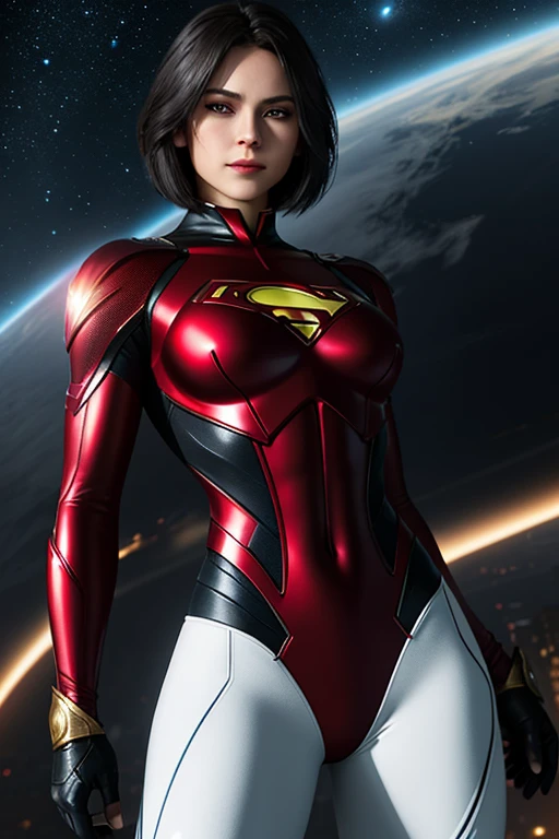 Superman female version.
Young woman dressed in tights, Short bob style hair, blue eyes,
- Entirely white and red fitted suit - suit that enhances female anatomy, 
- Standing, with a firm and confident posture, big hips, big buttocks, small waist, big chest, flying over a city with a determined look.
- In a sensual pose, ready for action, with one arm extended and the other flexed.
- Sensual and mischievous look, transmitting lust .
- A soft but confident smile can add warmth and bring the character closer.
- A cosmic scene with planets and stars, showing your connection to the universe.
- A night landscape,
- Soft, warm light that highlights the textures and details of the suit.
- Shadows that accentuate the muscles and figure, creating a dramatic contrast.
- Light effects that suggest energy and power emanating from the character.
- Hair blowing in the wind, adding dynamism.
- Visual effects such as flashes of light or auras that enhance your power.
- Add moving elements, like hair, to give life and energy to the image.
