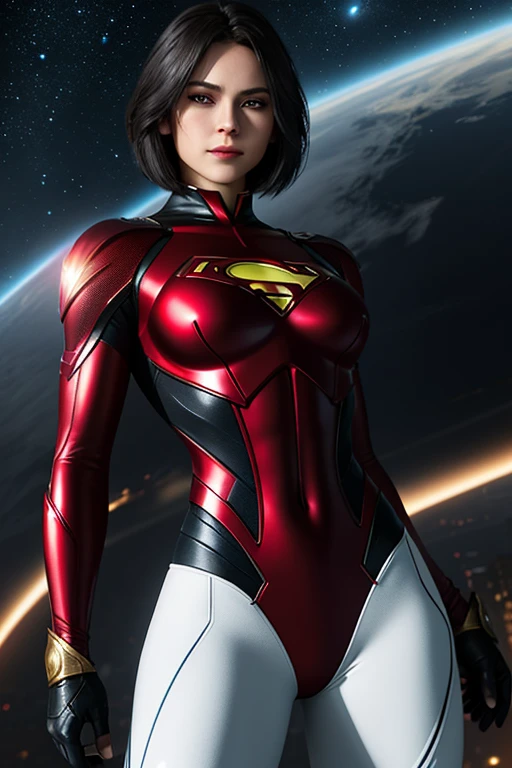 Versão feminina do Superman.
Mulher jovem vestida com meia-calça, cabelo estilo bob curto, olhos azuis,
- Fato inteiramente branco e vermelho - fato que realça a anatomia feminina, 
- De pé, com uma postura firme e confiante, ancas grandes, nádegas grandes, cintura pequena, Peito grande, sobrevoando uma cidade com olhar determinado.
- Em uma pose sensual, pronto para ação, com um braço estendido e outro flexionado.
- Olhar sensual e travesso, transmitindo luxúria .
- Um sorriso suave, mas confiante, pode adicionar calor e aproximar o personagem.
- Uma cena cósmica com planetas e estrelas, mostrando sua conexão com o universo.
- Uma paisagem noturna,
- Macio, luz quente que destaca as texturas e detalhes do traje.
- Sombras que acentuam os músculos e a figura, criando um contraste dramático.
- Efeitos de luz que sugerem energia e poder emanados do personagem.
- Cabelo ao vento, Adicionando dinamismo.
- Efeitos visuais como flashes de luz ou auras que aumentam o seu poder.
- Adicione elementos móveis, Como o cabelo, para dar vida e energia à imagem.
