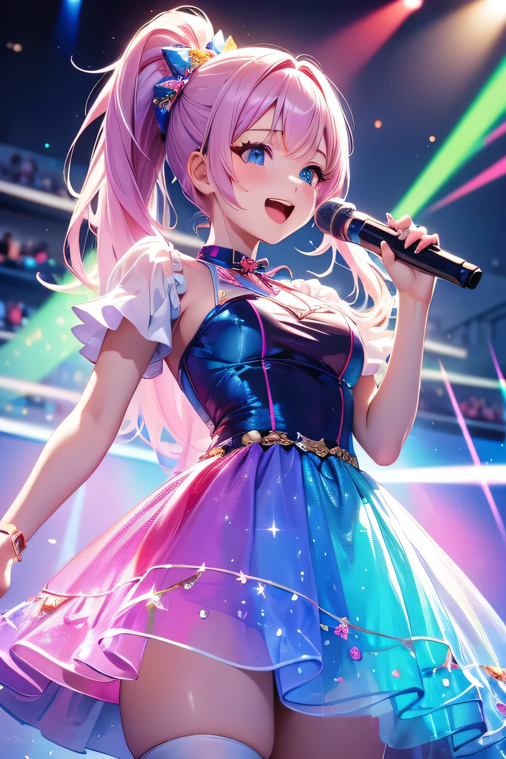 Highest quality、High resolution、Detailed Background、(Beautiful face in every detail:1.4)、Anatomically correct、(Detailed facial expressions)、Teenage beauty、(Highly detailed face:1.4)、Brightly colored hair、ponytail、well-groomed eyebrows、colorful stockings、A big smile、Idol Style、stage、(An idol girl wearing a holographic laser dress is singing:1.5)、A big smile、smile、A fun atmosphere、Cute gestures、
Bright colors and pop colors、Ruffles and laces、Sleeves and hems of clothing、Ruffles and laces are applied to the collar etc.、Motifs such as hearts、Dresses and skirts、Femininity and cuteness、Hair accessories and ribbons、cute