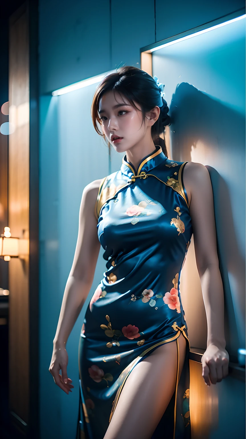 Best quality，masterpiece，16K，A girl，Wearing blue cheongsam，Leaning against the wall，Film quality，smoke，Neon，High light-dark contrast，night