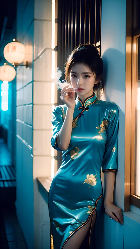 best quality，masterpiece，16k，a girl，wearing blue cheongsam，leaning against the wall，film quality，smoke，neon，high light-dark cont...