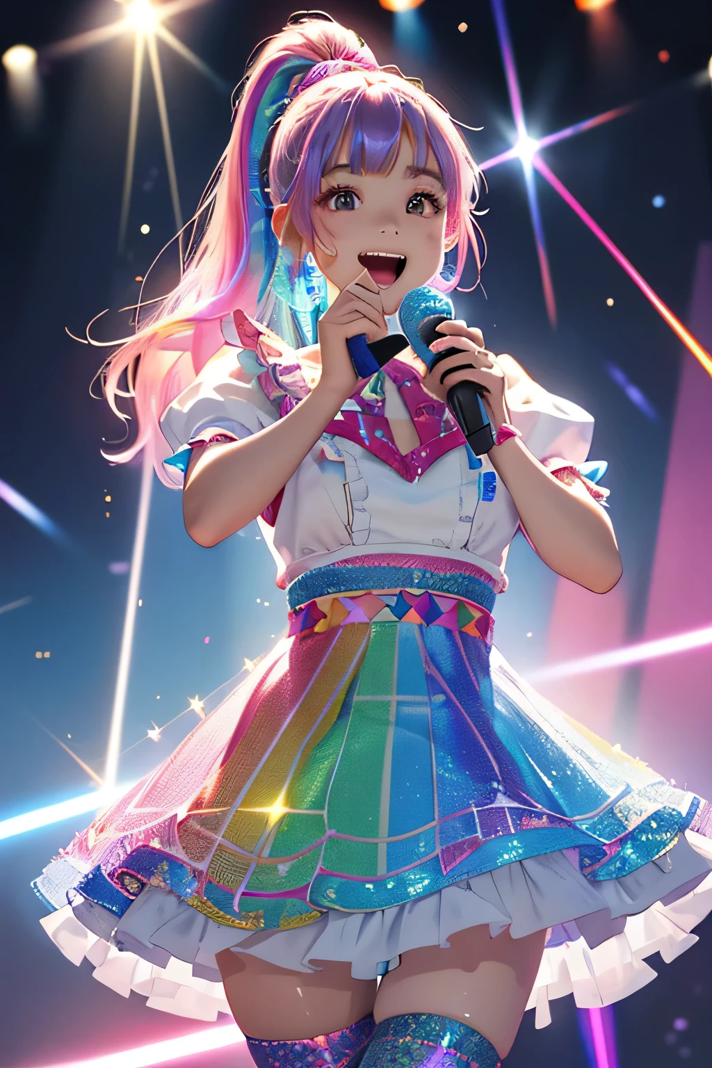 Highest quality、High resolution、Detailed Background、(Beautiful face in every detail:1.4)、Anatomically correct、(Detailed facial expressions)、Teenage beauty、(Highly detailed face:1.4)、Brightly colored hair、ponytail、well-groomed eyebrows、colorful stockings、A big smile、Idol Style、stage、(An idol girl wearing a holographic laser dress is singing:1.5)、A big smile、smile、A fun atmosphere、Cute gestures、
Bright colors and pop colors、Ruffles and laces、Sleeves and hems of clothing、Ruffles and laces are applied to the collar etc.、Motifs such as hearts、Dresses and skirts、Femininity and cuteness、Hair accessories and ribbons、cute