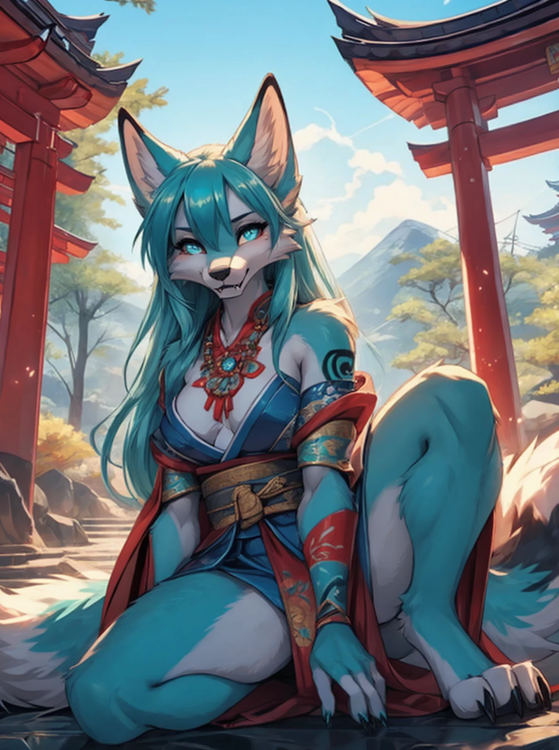 Miku Hatsune x vixen high definition good anatomy adicionar_detalhe:1, pele azul,orelhas kitsune, tribal tattoo adicionar_detalhe:1, cute girl adicionar_detalhe:1, feudal priestess clothing adicionar_detalhe:1, japanese shrine landscape adicionar_detalhe:1, japanese shrine costume adicionar_detalhe:1, adicionar_detalhe:1, full body adicionar_detalhe, highly detalheed face, deep aqua iris adicionar_detalhe:1 lighting eyes adicionar_detalhe:3, garras de lobo, sharp fangs adicionar_detalhe:1, wild slut adicionar_detalhe:1