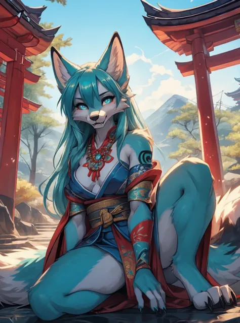 Miku Hatsune x vixen high definition good anatomy add_detail:1, blue fur,kitsune ears, tribal tattoo add_detail:1, cute girl add...