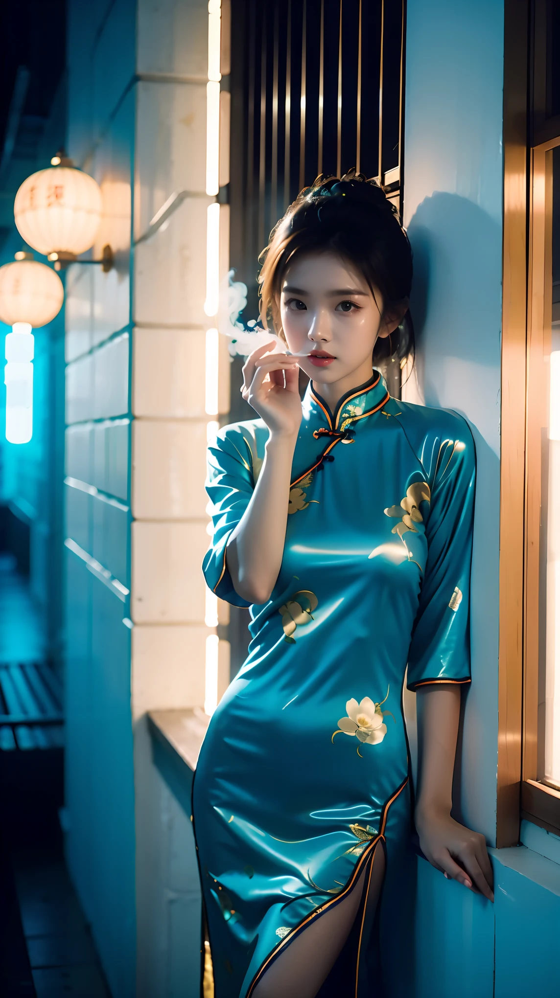 Best quality，masterpiece，16K，A girl，Wearing blue cheongsam，Leaning against the wall，Film quality，smoke，Neon，High light-dark contrast，night