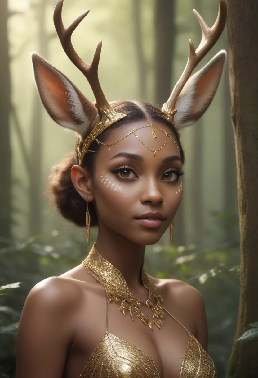 (Masterpiece artwork, high resolution, CGI, detailed: 1.4), portrait of the beings of the enchanted forest, (brown skin with light markings like deer: 1.3), (big sensitive ears: 1.2), (big, golden eyes like a cat&#39;s: 1.3), vertical pupils, (some with intense green or red eyes: 1.2), (hands with three fingers and one thumb, sharp black claws: 1.3), (light bodies, fast and graceful: 1.2), (enchanted forest environment in the background: 1.1), bright leaves and ancient trees, (magical and ethereal atmosphere: 1.3), details Intricate, (naturalistic and fantastic perspective: 1.2)