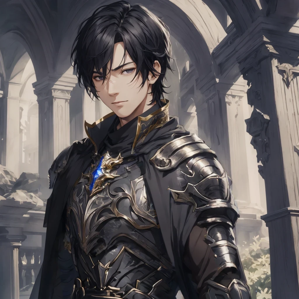 masterpiece, best quality, 1man, adult, male focus, solo, medium hair, black hair,, looking at viewer, cape, High quality metal texture, overcoat, closed mouth, upper body, bangs, high collar,(kbxll:0.6), Fantasy aesthetics, Highly detailed, shadowverse style, armored gloves, metallic gloves, black armor