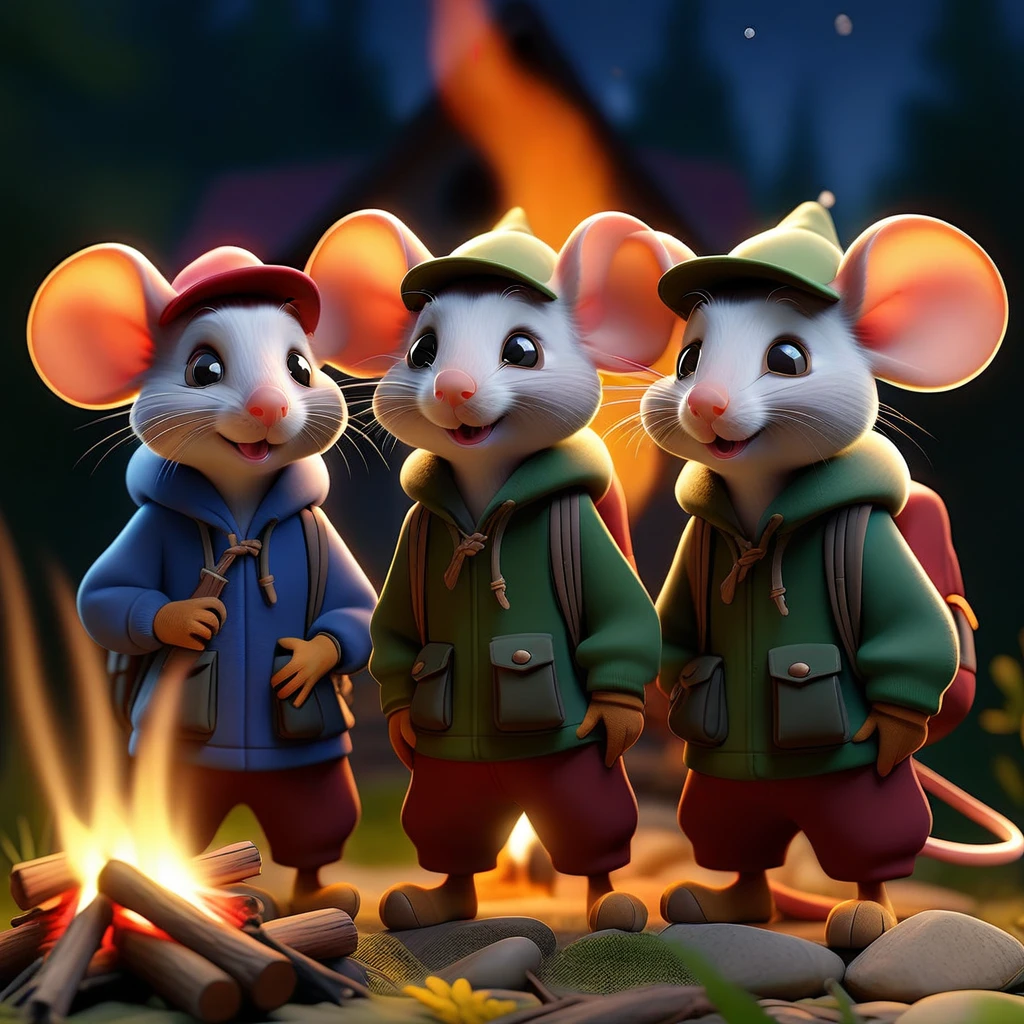 detailed mice in hiking clothes around a campfire at night, cute mice characters, adorable expression, highly detailed, 3D render, photorealistic, cinematic lighting, glowing campfire, starry night sky, dense forest background, award winning, artstation, octane render, stunning composition, breathtaking, high quality