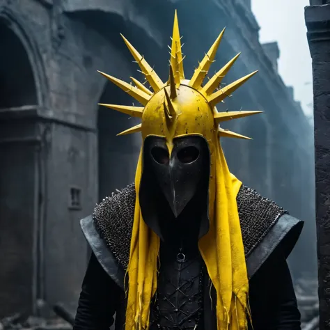 Horror-themed,  In an ancient and mysterious city a person wearing a yellow helmet with yellow spikes on it carcosa city style, ...
