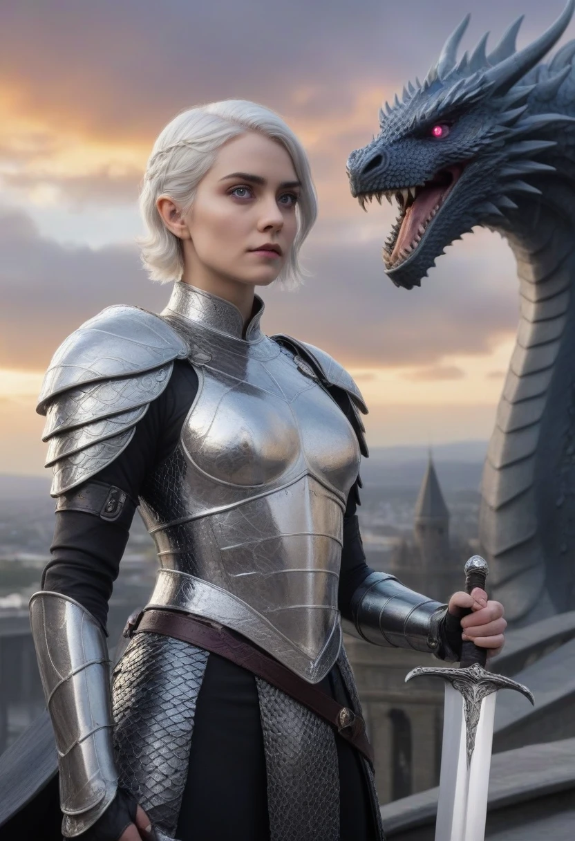 (Masterpiece artwork, 8K, uhd, best qualityer: 1.4), majestic portrait of Visenya Targaryen, (short straight silver hair: 1.3), (piercing violet eyes: 1.3), (imposing valirian armor: 1.2), (Valyrian steel longsword in hand: 1.2), (standing before a black dragon with shining scales: 1.3), (blue sky with dramatic clouds in the background: 1.2), (tall towers and suspension bridges of King&#39;s Landing visible in the distance: 1.1), (atmosphere of determination and power: 1.3), realistic and intricate details, (fantasy and story elements: 1.2), (heroic and noble perspective: 1.3)