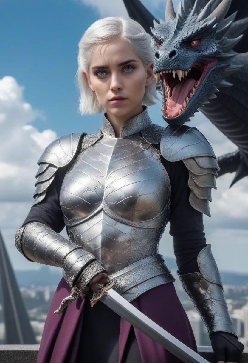 (Masterpiece artwork, 8K, uhd, best qualityer: 1.4), majestic portrait of Visenya Targaryen, (short straight silver hair: 1.3), (piercing violet eyes: 1.3), (imposing valirian armor: 1.2), (Valyrian steel longsword in hand: 1.2), (standing before a black dragon with shining scales: 1.3), (blue sky with dramatic clouds in the background: 1.2), (tall towers and suspension bridges of King&#39;s Landing visible in the distance: 1.1), (atmosphere of determination and power: 1.3), realistic and intricate details, (fantasy and story elements: 1.2), (heroic and noble perspective: 1.3)