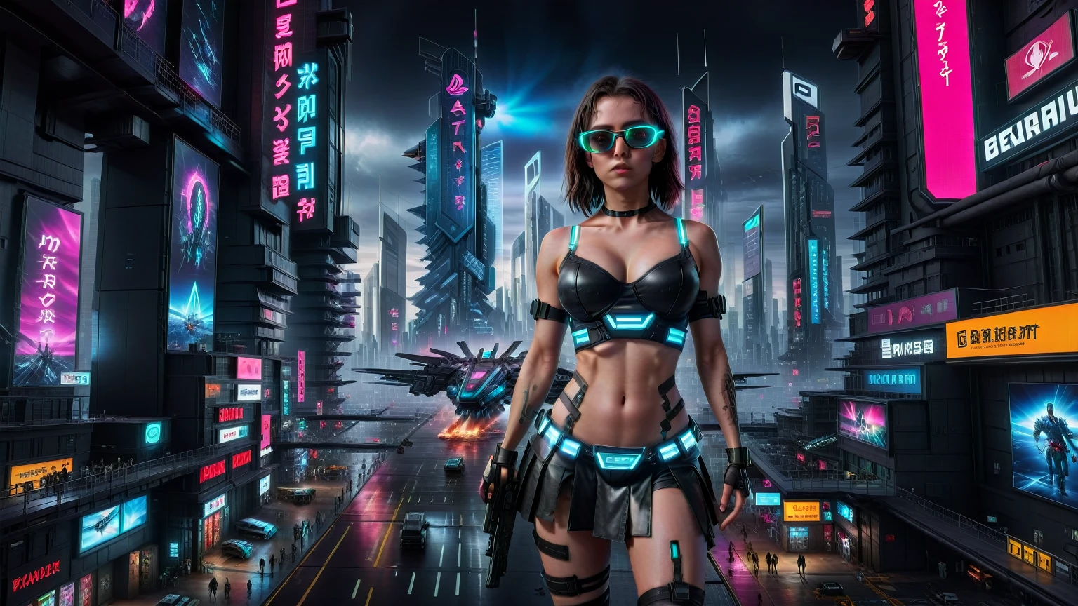 (((aerial view))) image of a cyberpunk cityscape, (((all-glass))) towering skyscrapers, a lot of neon lights and holographic billboards, futuristic, high-tech elements, 1drone. In the foreground, a woman, mechanical joints. at night, (((1girl, solo, alone))), photo realistic, (medium-breast slim body, cleavage), (((tank top, extreamly short pleated (((miniskirt))) exposing panty))), (((((black sunglasses))))), (((((aiming at camera with a (short gun), (looking at camera)))))), (((dynamic pose))), (((((half-body (thigh level) medium shot))))), (cinematic lighting).