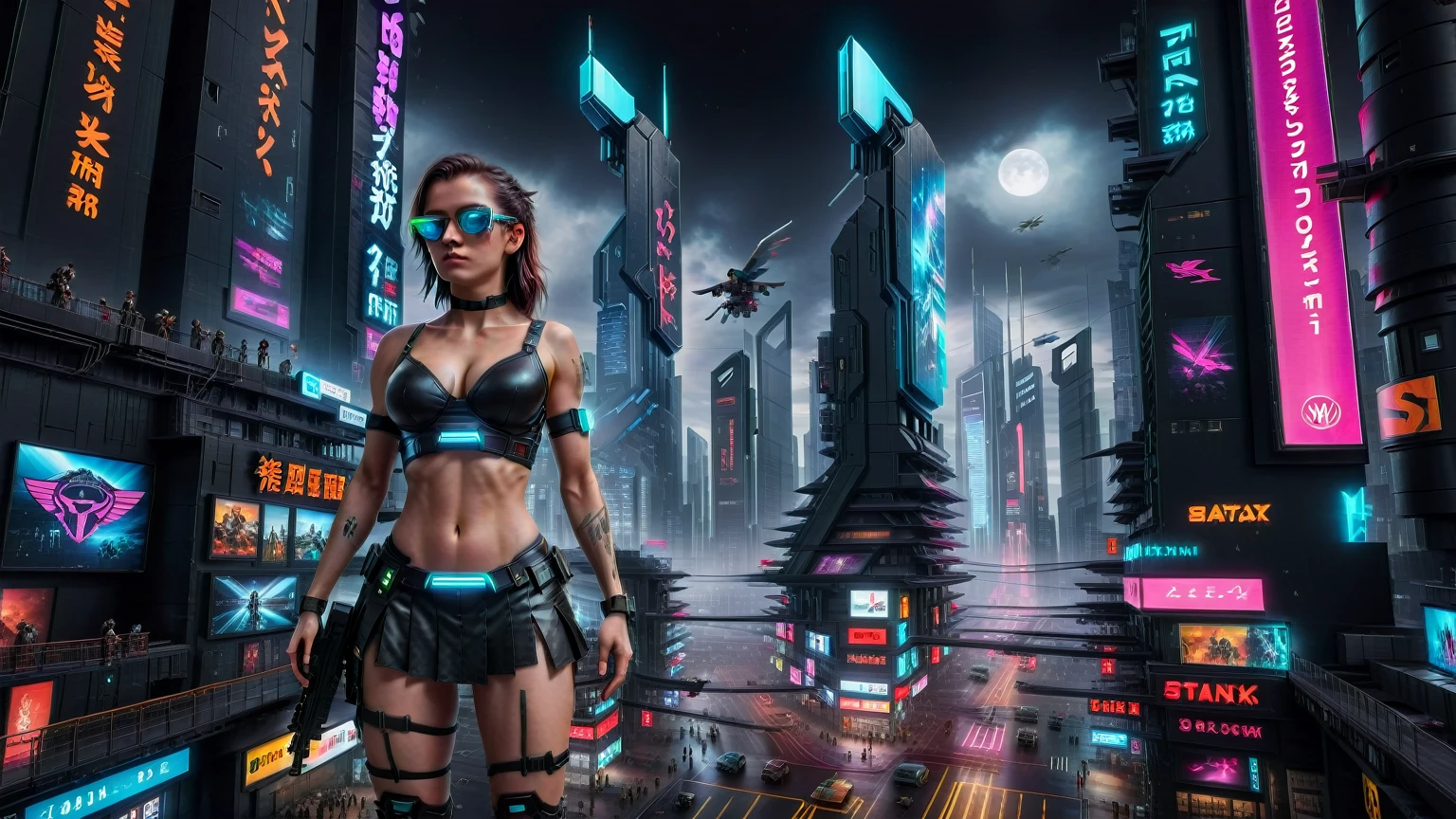 (((aerial view))) image of a cyberpunk cityscape, (((all-glass))) towering skyscrapers, a lot of neon lights and holographic billboards, futuristic, high-tech elements, 1drone. In the foreground, a woman, mechanical joints. at night, (((1girl, solo, alone))), photo realistic, (medium-breast slim body, cleavage), (((tank top, extreamly short pleated (((miniskirt))) exposing panty))), (((((black sunglasses))))), (((((aiming at camera with a (short gun), (looking at camera)))))), (((dynamic pose))), (((((half-body (thigh level) medium shot))))), (cinematic lighting).