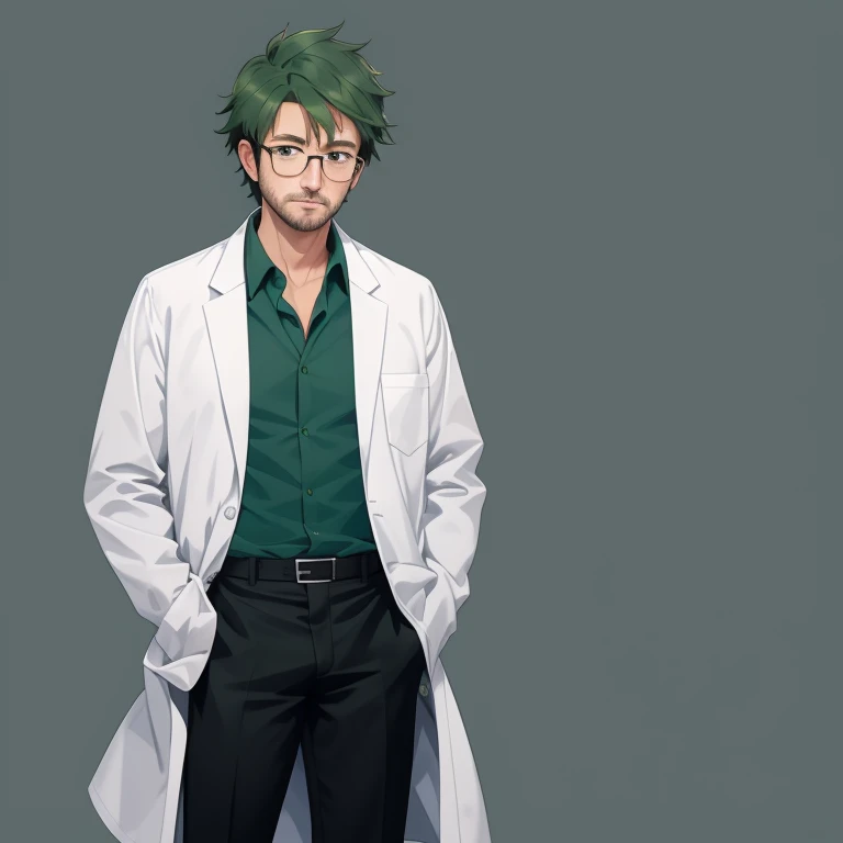 1 old man, 30 years old, white lab coat, dark green hair, blue collared shirt, black pants, glassese, full body, standing, lower arms, looking at viewer, front view, thick outline, gray background, simple background, best quality, masterpiece