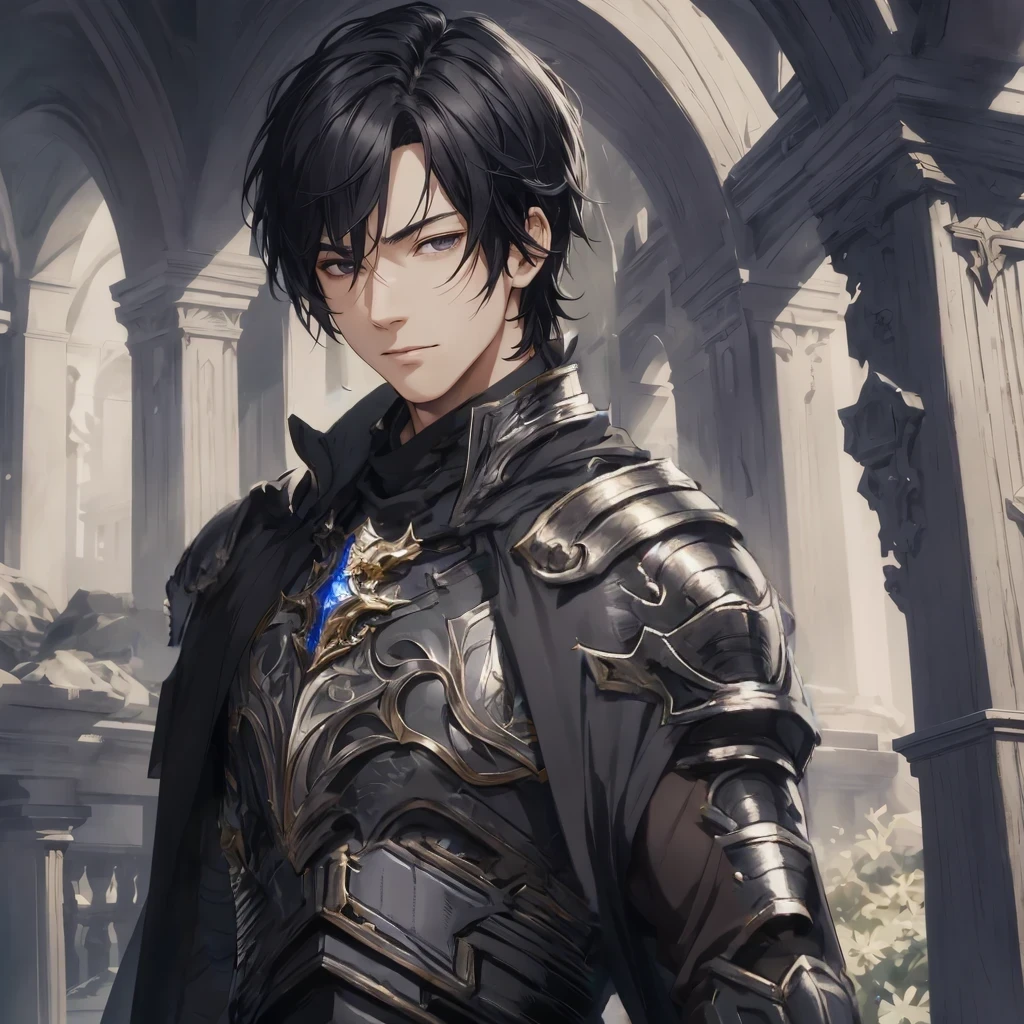 masterpiece, best quality, 1man, adult, male focus, solo, medium hair, black hair,, looking at viewer, cape, High quality metal texture, overcoat, closed mouth, upper body, bangs, high collar,(kbxll:0.6), Fantasy aesthetics, Highly detailed, shadowverse style, armored gloves, metallic gloves, black armor