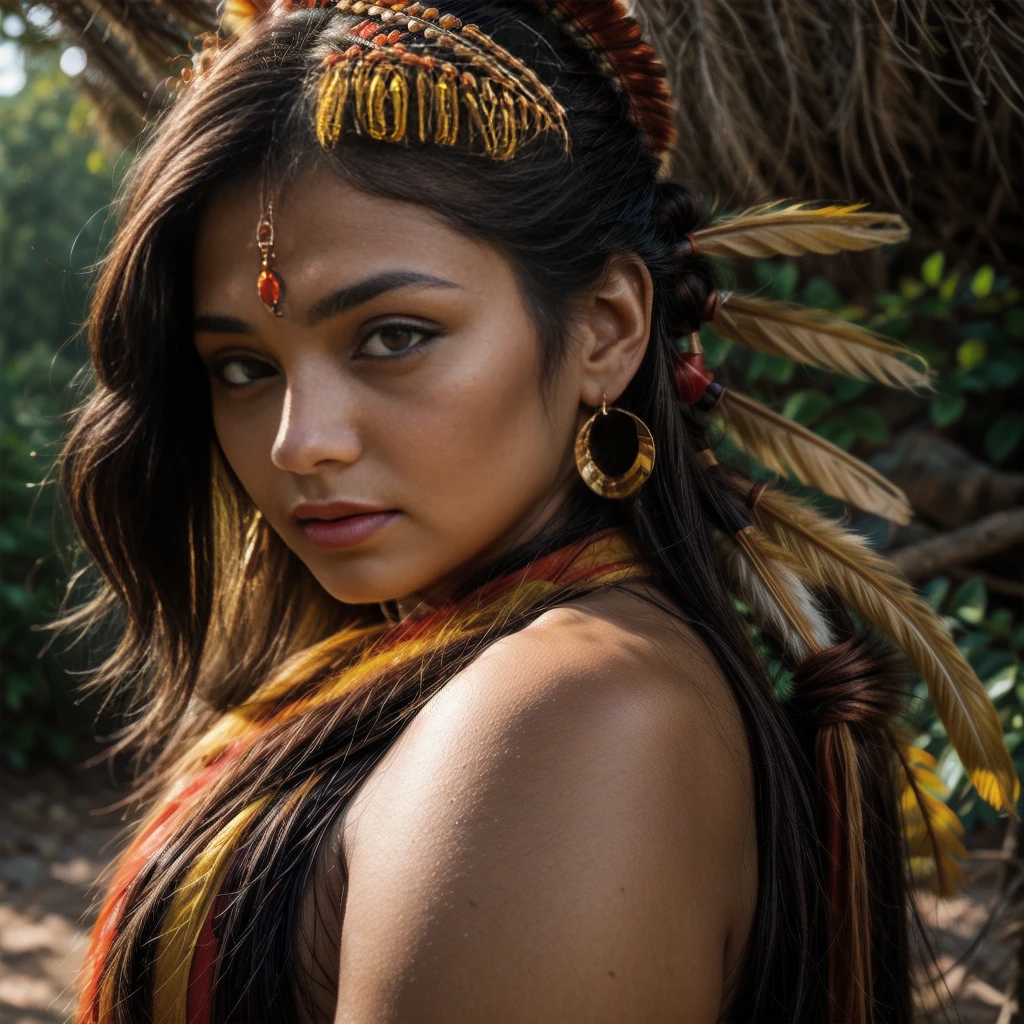 Beautiful Cherokee Indian woman with beautiful orange headdresses, red and beige.
