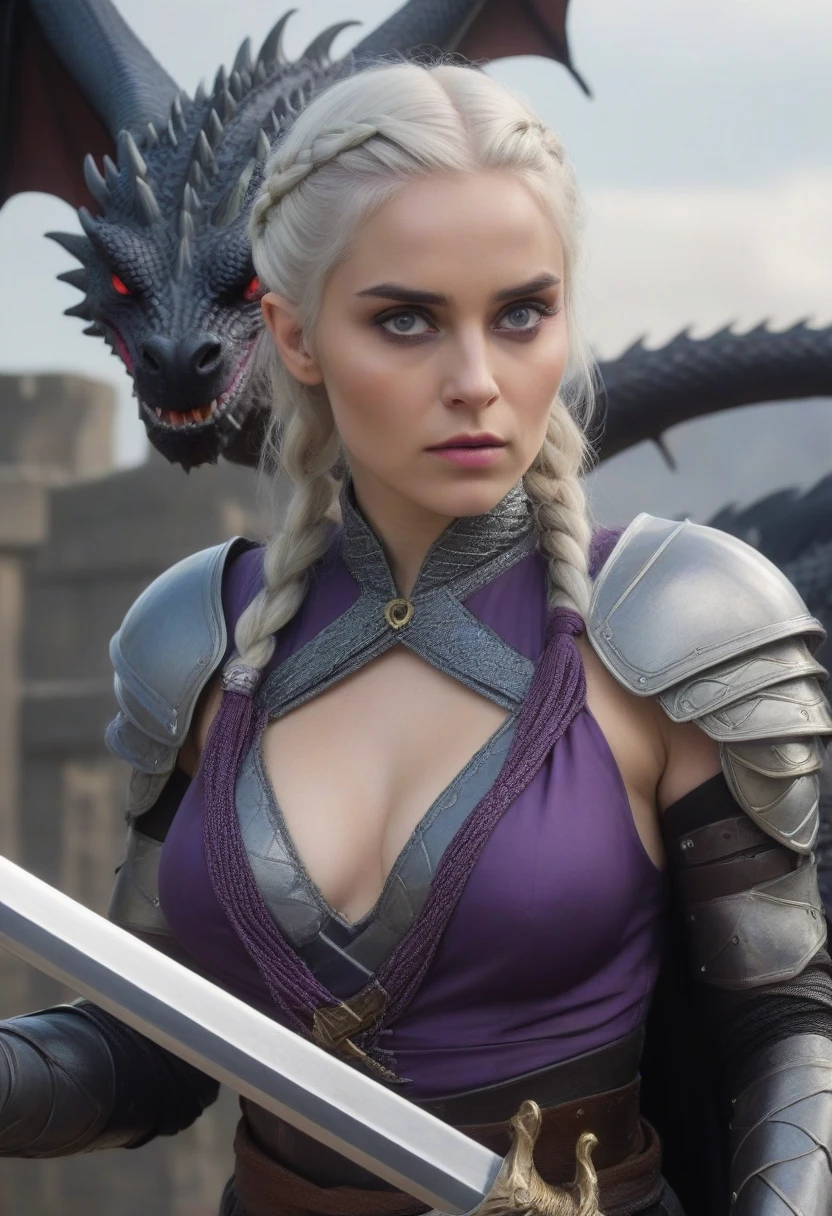 (Masterpiece artwork, 8K, uhd, high resolution: 1.4), iconic portrait of Visenya Targaryen, (silver-gold hair braided and tied with rings: 1.3), (piercing violet eyes: 1.3), (austere and voluptuous beauty: 1.2), (dressed in elegant silk or imposing armor: 1.2), (wielding the Valyrian Steel sword, black sister: 1.3), (mounted on her black dragon with shining scales: 1.2), (King&#39;s Landing scenery in the background, with tall towers visible: 1.1), (atmosphere of determination and mystery: 1.3), realistic and intricate details, (fantasy and story elements: 1.2), (heroic and powerful perspective: 1.3)