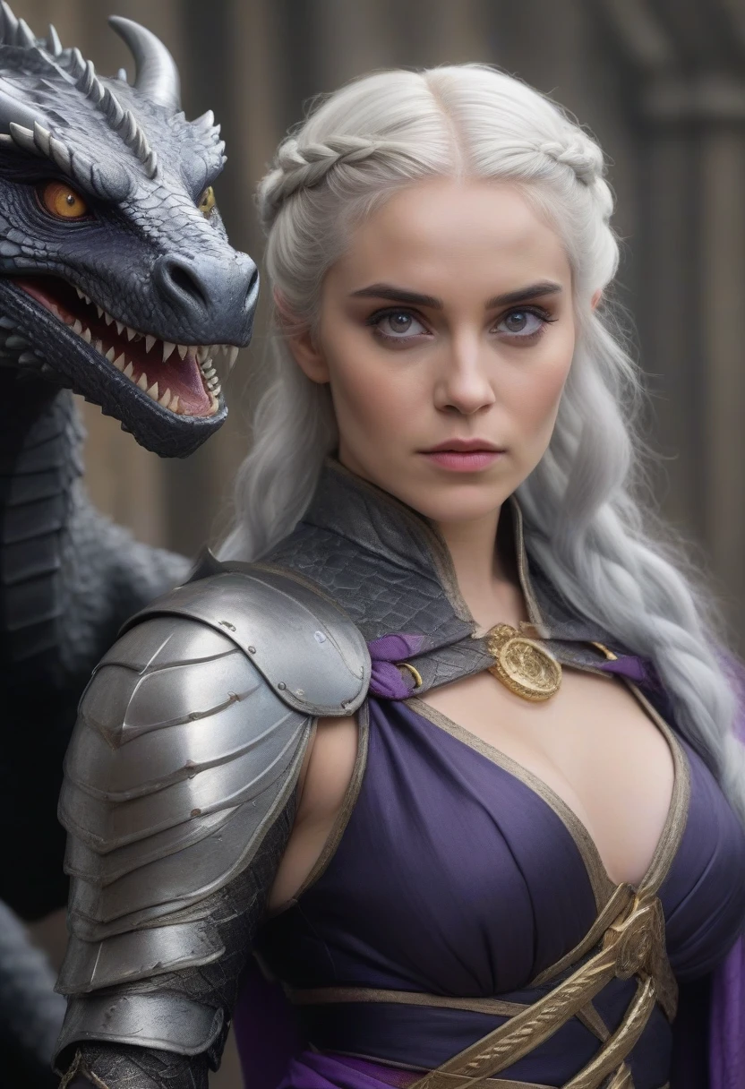 (Masterpiece artwork, 8K, uhd, high resolution: 1.4), iconic portrait of Visenya Targaryen, (silver-gold hair braided and tied with rings: 1.3), (piercing violet eyes: 1.3), (austere and voluptuous beauty: 1.2), (dressed in elegant silk or imposing armor: 1.2), (wielding the Valyrian Steel sword, black sister: 1.3), (mounted on her black dragon with shining scales: 1.2), (King&#39;s Landing scenery in the background, with tall towers visible: 1.1), (atmosphere of determination and mystery: 1.3), realistic and intricate details, (fantasy and story elements: 1.2), (heroic and powerful perspective: 1.3)