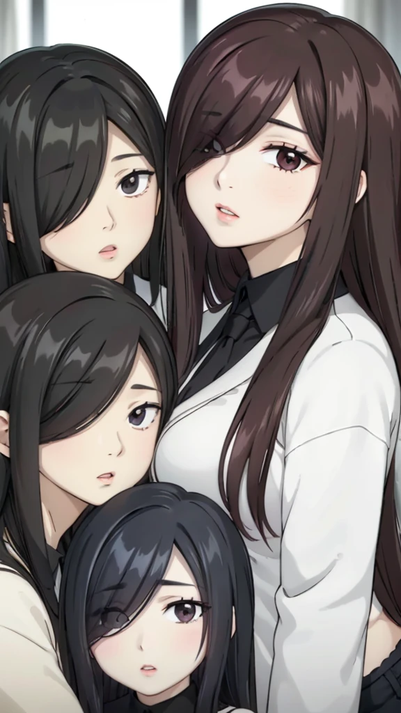 Mommy with 4 daughter,black hair, long hair, (hair over one eye:1.4), messy hair, hair between eyes, chubby cheek,Sexy lips, pucker lips