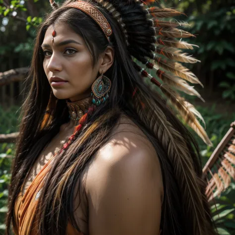 Beautiful Cherokee Indian woman with beautiful orange headdresses, red and beige.
