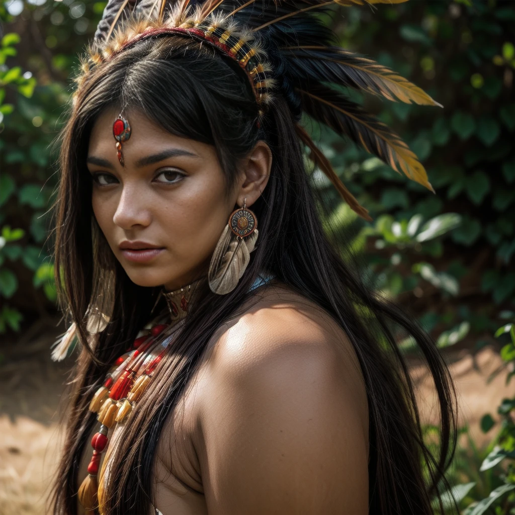 Beautiful Cherokee Indian woman with beautiful orange headdresses, red and beige.
