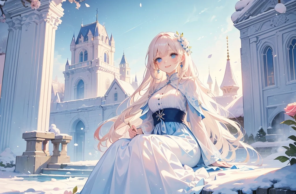 ((best quality，masterpiece，Extremely complex and exquisite details，There is only one beautiful girl with long white straight hair and blue eyes，Smile，long skirt))，(Exquisite light blue and white clothing，Beautiful bright and exquisite ancient style white castle architectural background)，(correct anatomy，exquisite face)，(Exquisite fantasy dream style，Snow，Falling Flowers，The great outdoors)，Sitting