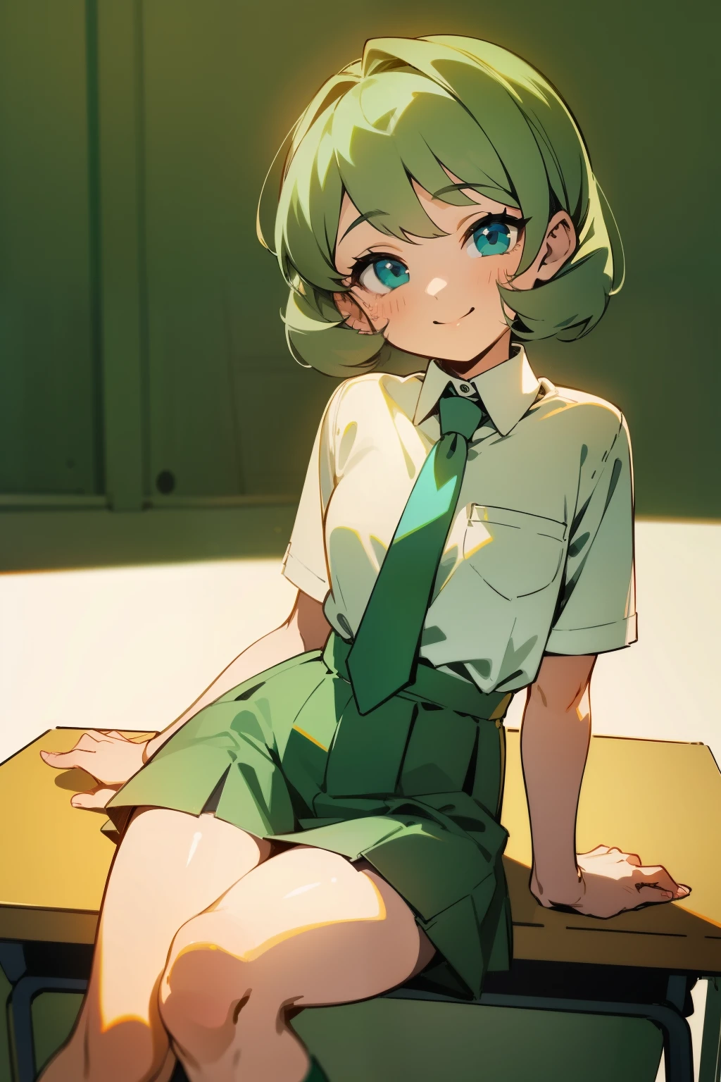 (masterpiece, high quality) 1 girl, saria, sitted on a school desk, pleated skirt, white blouse, green tie, high socks, flirty, flushed, smiling, detailed eyes,