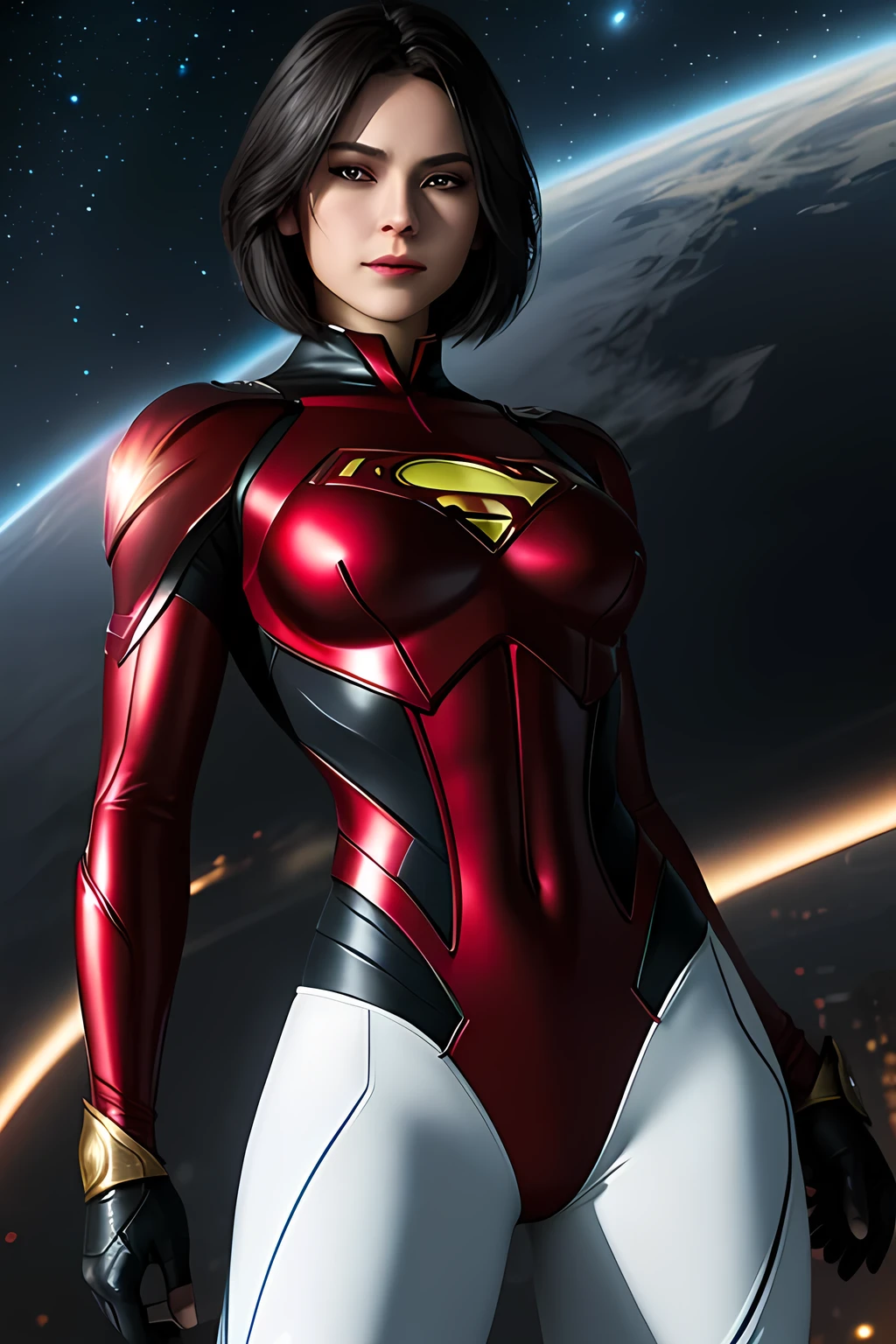 Superman female version.
Young woman dressed in tights, Short bob style hair, blue eyes,
- Entirely white and red fitted suit - suit that enhances female anatomy, 
- Standing, with a firm and confident posture, big hips, big buttocks, small waist, big chest, flying over a city with a determined look.
- In a sensual pose, ready for action, with one arm extended and the other flexed.
- Sensual and mischievous look, transmitting lust .
- A soft but confident smile can add warmth and bring the character closer.
- A cosmic scene with planets and stars, showing your connection to the universe.
- A night landscape,
- Soft, warm light that highlights the textures and details of the suit.
- Shadows that accentuate the muscles and figure, creating a dramatic contrast.
- Light effects that suggest energy and power emanating from the character.
- Hair blowing in the wind, adding dynamism.
- Visual effects such as flashes of light or auras that enhance your power.
- Add moving elements, like hair, to give life and energy to the image.
