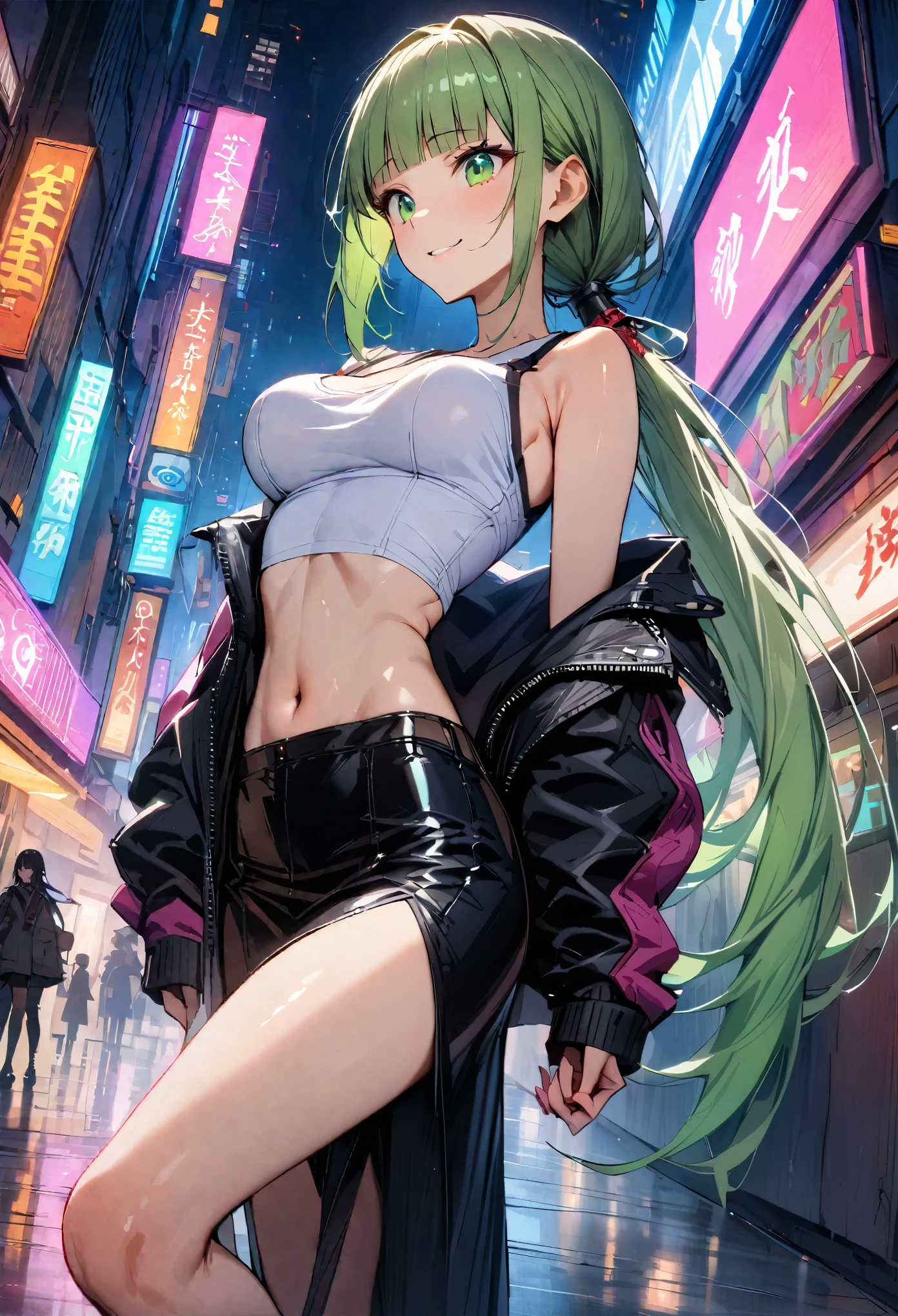 ((masterpiece,Highest quality:1.3)),cowboy shot,1woman,30 year old beauty,独奏,((very small head:1.3)),green hair,(low ponytail),long hair,blunt bangs,green eyes,gorgeous eyes,shy,smile,medium breasts,((very long body:1.2)),((toned body,slender body,skinny)),gleaming skin,shiny skin,(Black leather rider jacket、Tank top、navel、Tight Skirt)、barefoot、standing,Metropolis、neon、cyber punk、World of Blade Runner、