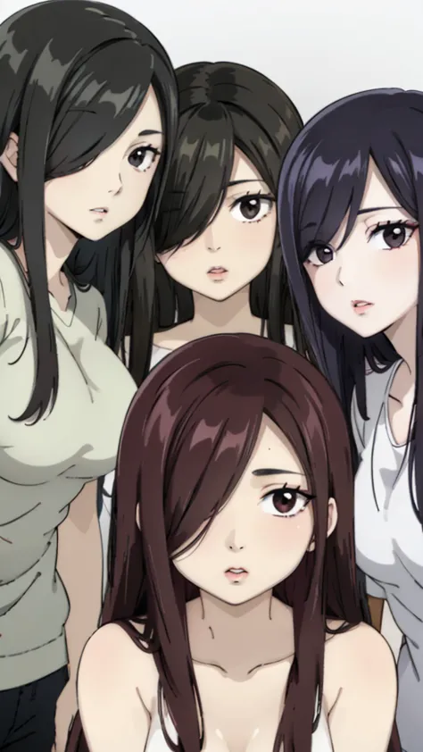 mommy with 4 daughter,black hair, long hair, (hair over one eye:1.4), messy hair, hair between eyes, chubby cheek,sexy lips, puc...