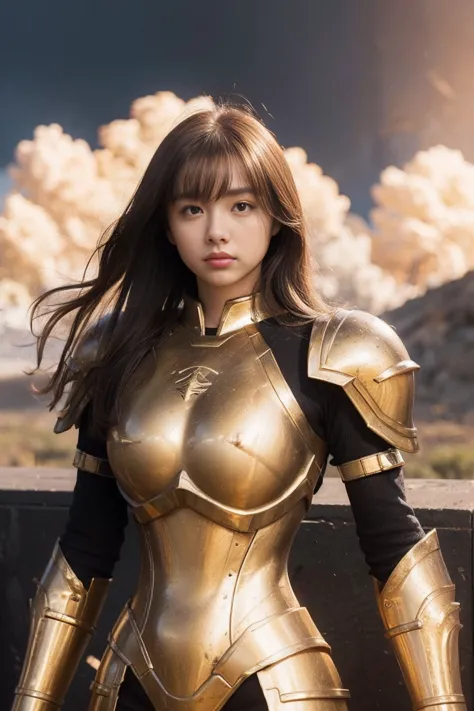 (Masterpiece), (Best Quality), (1 Girl), Girl in Golden Armor, Cool Pose, Battlefield Background, Fire Background, Saint Seiya A...