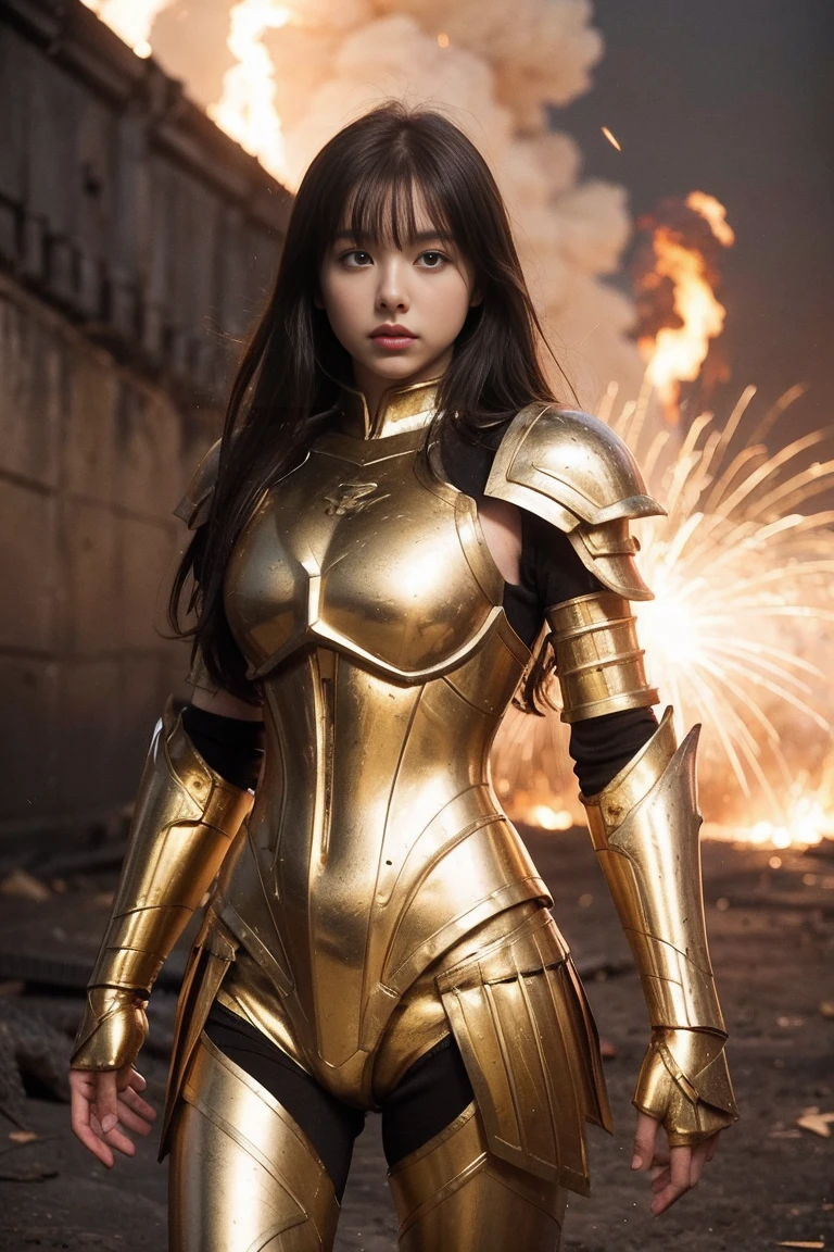 (傑作), (最好的品質), (1 名女孩), 身穿金色盔甲的少女, 酷姿勢, 戰場背景, 火災背景, 聖鬥士星矢鎧甲, 凌亂的頭髮, 破損的盔甲, 破爛的衣服