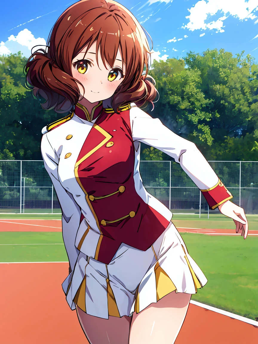 1 Girl,Cowboy Shot,Skirt flip,White lace panties,High quality anime、High resolution, Kumiko、Tabletop,band uniform,sunfes marching band uniform,[3D Images:1.5],[[Attractive eyes,Detailed eyes、Shining Eyes, Colorful eyes:1.15],whole、Looking at the audience,8K images,Cute Anime Girl