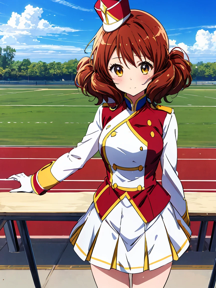 1 Girl,Cowboy Shot,Skirt flip,White lace panties,High quality anime、High resolution, Kumiko、Tabletop,band uniform,sunfes marching band uniform,[3D Images:1.5],[[Attractive eyes,Detailed eyes、Shining Eyes, Colorful eyes:1.15],whole、Looking at the audience,8K images,Cute Anime Girl