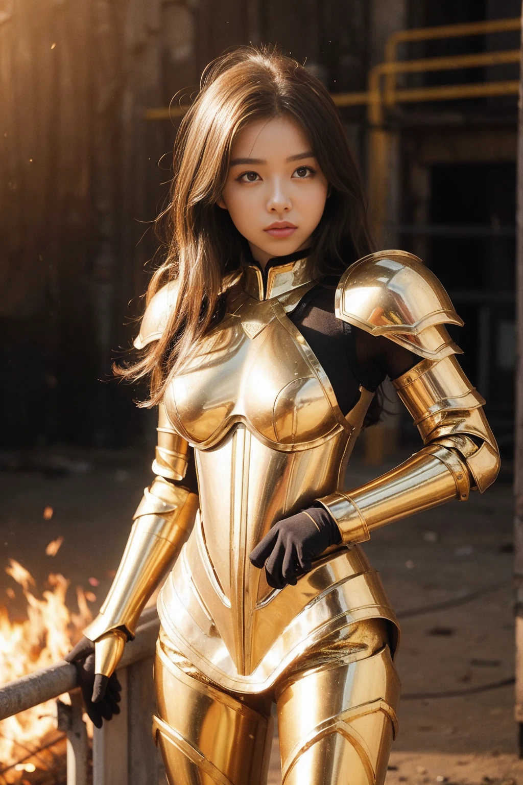 (Meisterwerk), (beste Qualität), (1 Mädchen), Mädchen in goldener Rüstung, coole pose, Battlefield-Hintergrund, Feuer-Hintergrund, Saint-Seiya-Rüstung, Zerzaustes Haar, Zerbrochene Rüstung, Abgewetzte Kleidung