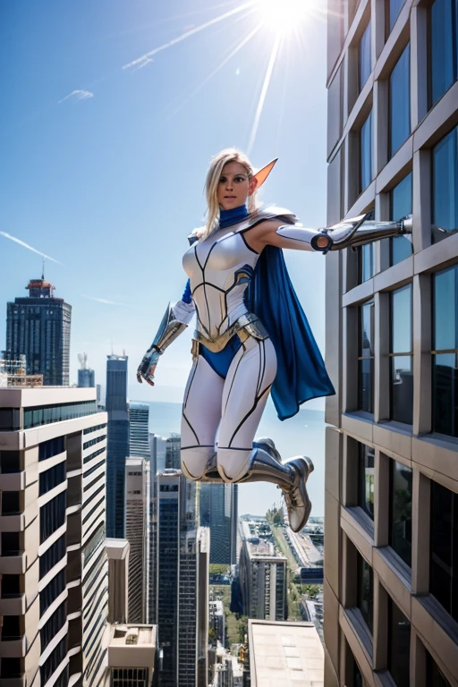 elf in white cyborg armor ( i robot ), is on top of a building jumping, super heroine pose in the air.