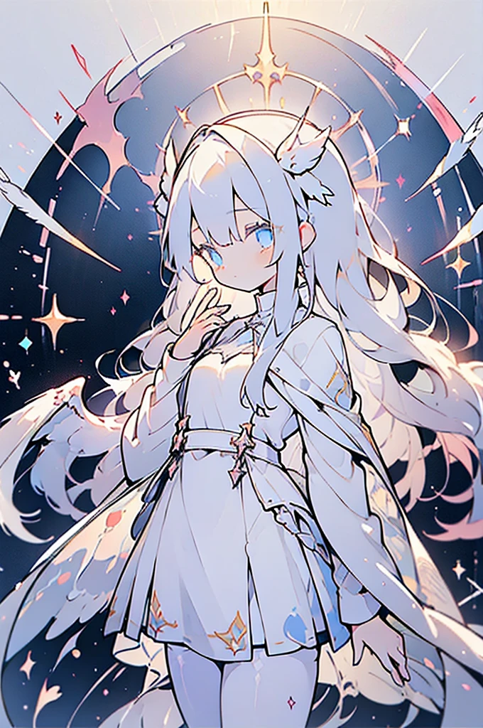 (((Masterpiece))), (((Beautiful Light))), Anime Girl, 1girl, Young, Short Height, Flat Chest, Solo, Wings, Long Hair, Dress, Blue Eyes, White Dress, Priestess Dress, Cape, White Hair, White Pantyhose, Feather Wings, Watching People, Very Long Hair, White Wings, Bangs, Gradient Hair