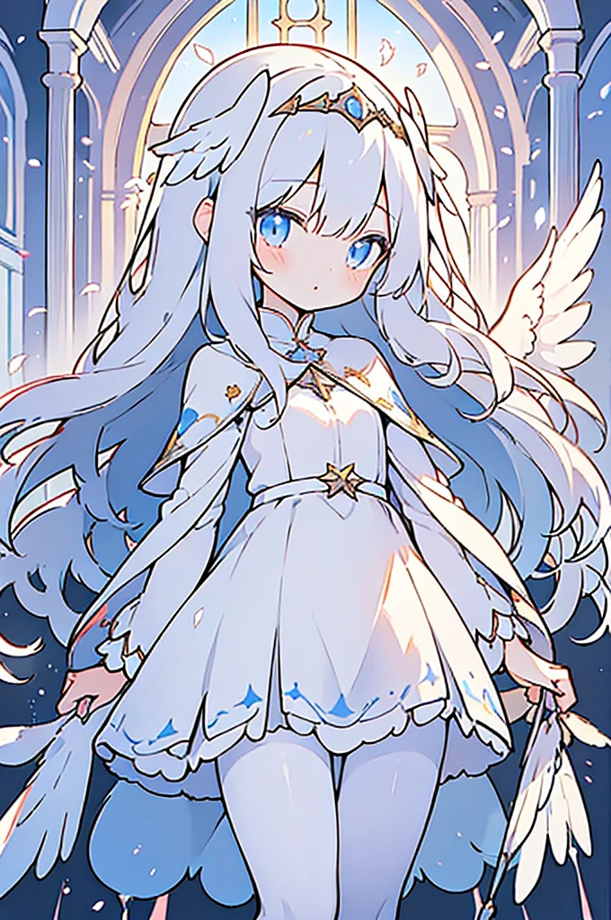 (((Masterpiece))), (((Beautiful Light))), Anime Girl, 1girl, Young, Short Height, Flat Chest, Solo, Wings, Long Hair, Dress, Blue Eyes, White Dress, Priestess Dress, Cape, White Hair, White Pantyhose, Feather Wings, Watching People, Very Long Hair, White Wings, Bangs, Gradient Hair