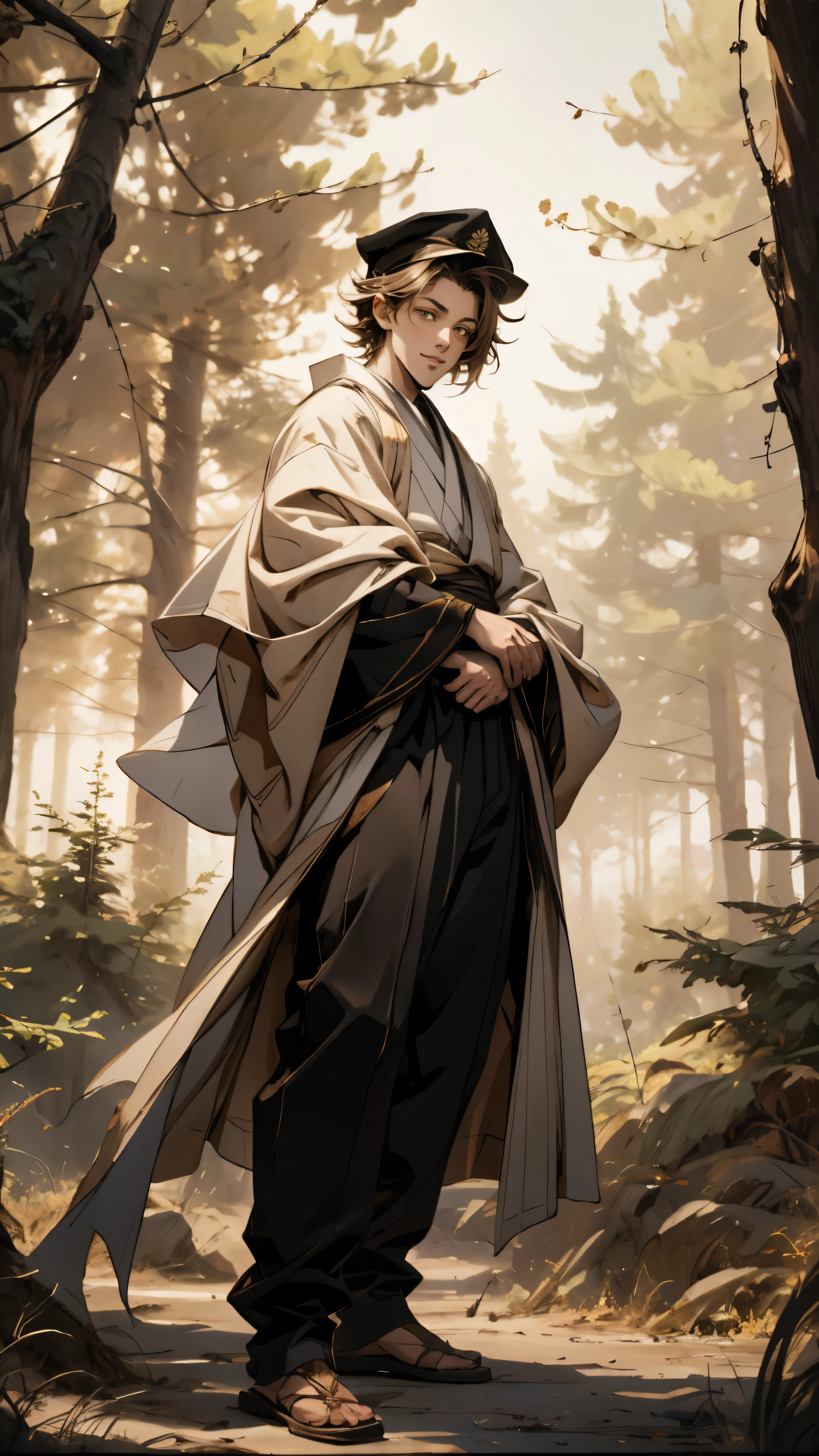 A young man wearing a scholar's square cap, clear and bright eyes, a dignified and refined face, a friendly smile, short hair is peeking out the cap, tall and slender figure, a fantasy-style scholar's long robe coat with a long hem, wide sleeves, loose trousers, bathed in sunlight amidst the gentle breeze of the woods, this character embodies a finely crafted fantasy martial arts-style scholar in anime style, exquisite and mature manga art style, high definition, best quality, highres, ultra-detailed, ultra-fine painting, extremely delicate, professional, perfect body proportions, golden ratio, anatomically correct, symmetrical face, extremely detailed eyes and face, high quality eyes, creativity, RAW photo, UHD, 32k, Natural light, cinematic lighting, masterpiece-anatomy-perfect, masterpiece:1.5