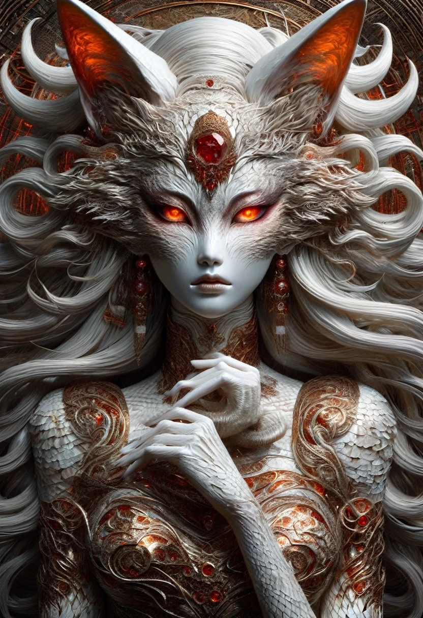 "Photographie incroyablement détaillée d&#39;une déesse femme kitsune élaborée et magnifique, rouge à lèvres brillant, peau brillante complexe, visage, yeux brillants, cheveux longs et volumineux, mosaïque ivoire_robe blanche orange rouge peinture hyperdétaillée par Ismail Inceoglu Tom Bagshaw et Dan Witz CGSociety ZBrush Central art fantastique pochette d&#39;album 4K mégapixels résolution 8K HDR couleurs claires grecques céleste grande coiffe complexe queue"