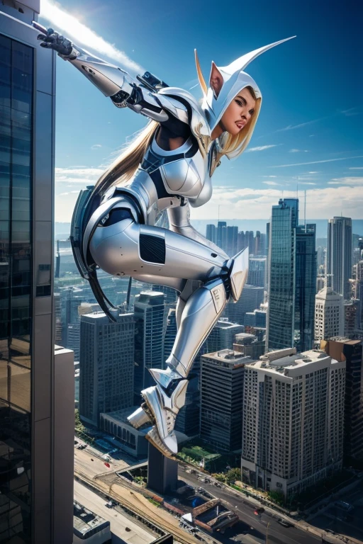 Masterpiece , ultra detailed, pointy eared elf in white cyborg armor ( Yo robot ), He is on top of a building jumping, superheroine pose in the air.