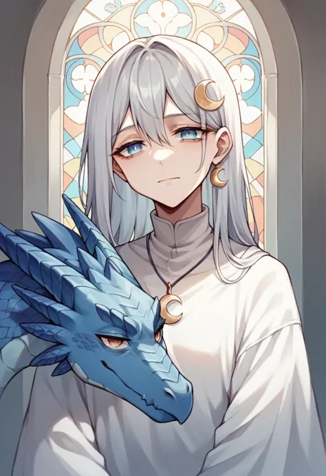 Silver haired anime human woman, tired face, gentle smile, blue dragon-like eyes with scales around eyes, thin pupils, white chu...