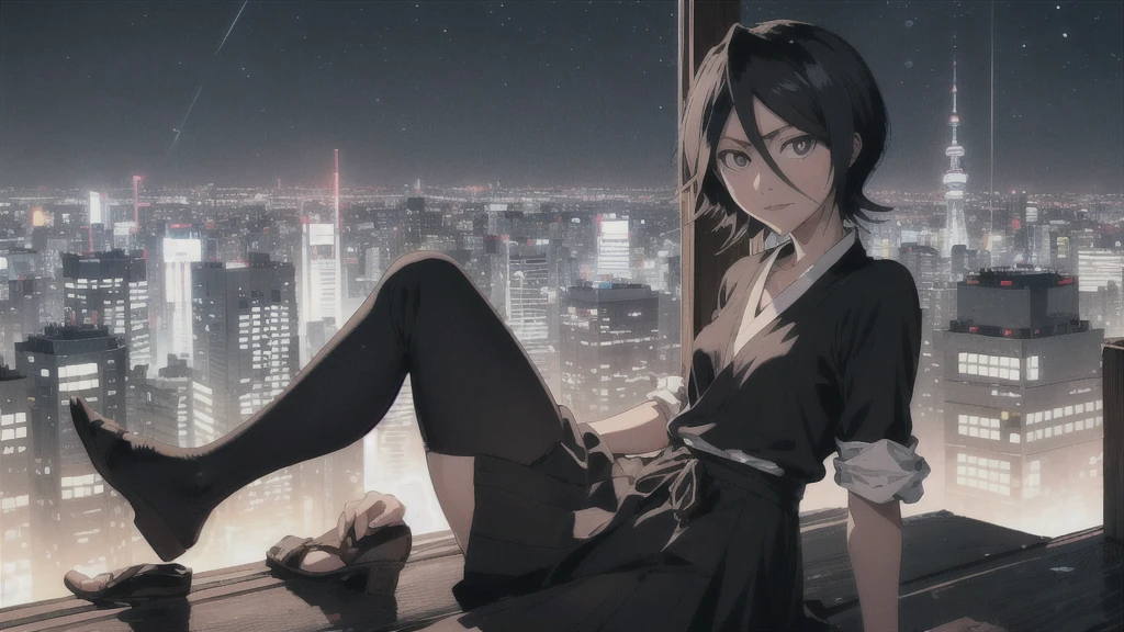 rukia from bleach full body protrat sitting on a hill watching over a tokyo at night turning here face to look at u wile smiling