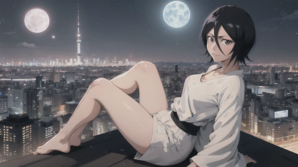 Rukia de Bleach, de corpo inteiro, protrat sentada em uma colina observando uma Tóquio à noite virando o rosto para olhar para você sorrindo